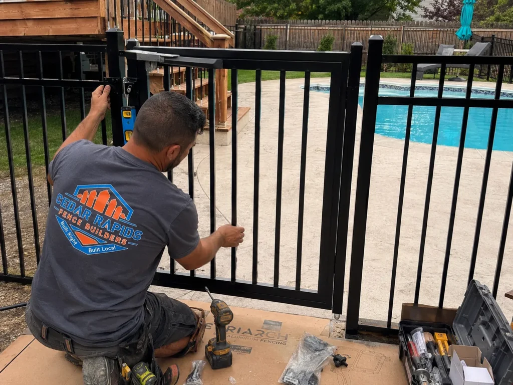 black aluminum pool fence gate installation in Anamosa, Iowa