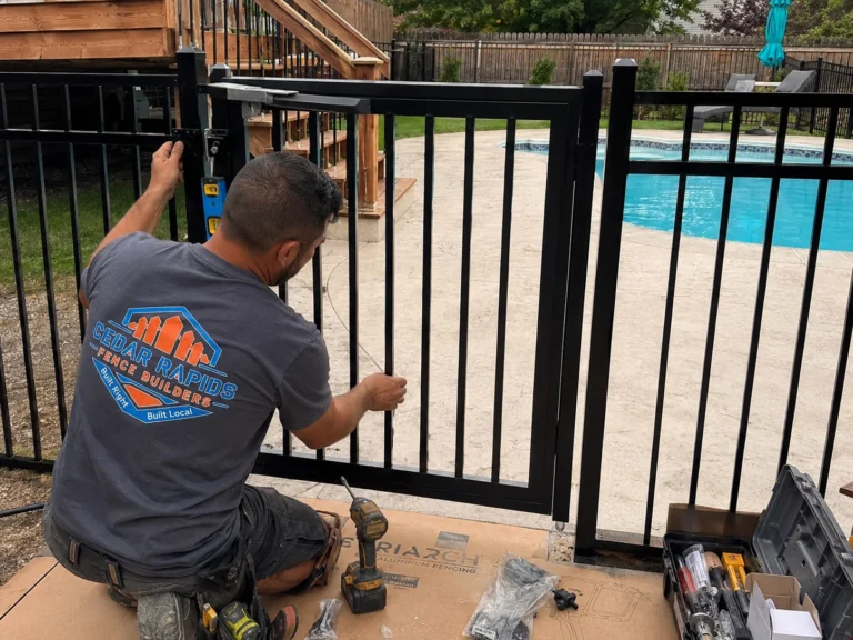 black aluminum pool fence gate installation in Anamosa, Iowa