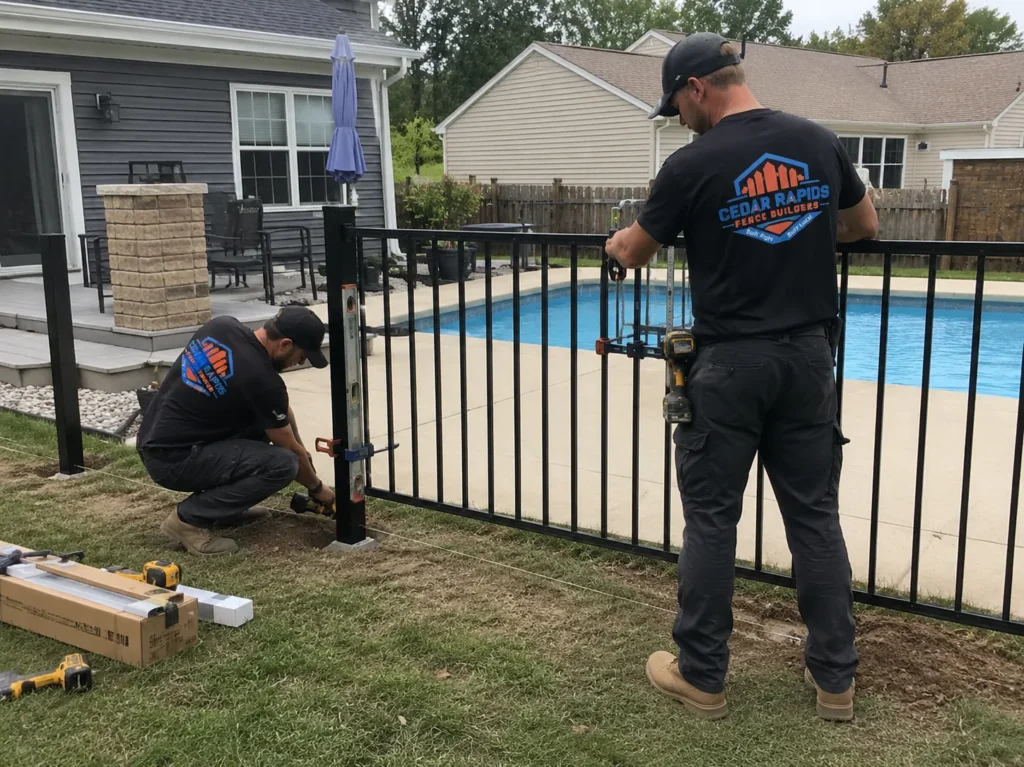 Cedar Rapids, Iowa fence project showing black aluminum pool fence installation