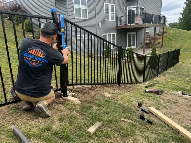 black aluminum pool fence installation on a slope in Cedar Rapids, Iowa