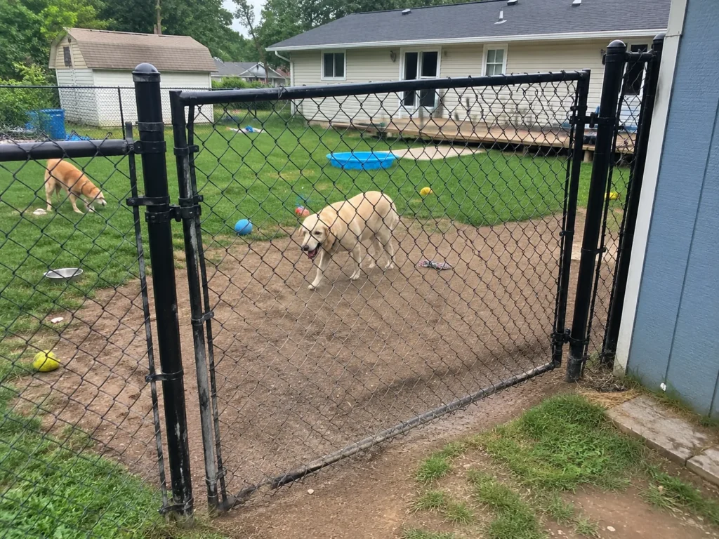 Close view of black chain link backyard gate and fence in Fairfax, Iowa