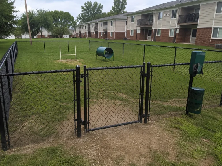 Residential black chain link backyard gate photographed in Center Point, Iowa