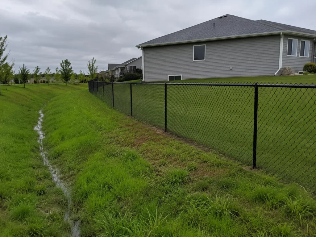 Residential black chain link boundary fence along a grassy drainage swale photographed in Cedar Rapids, Iowa