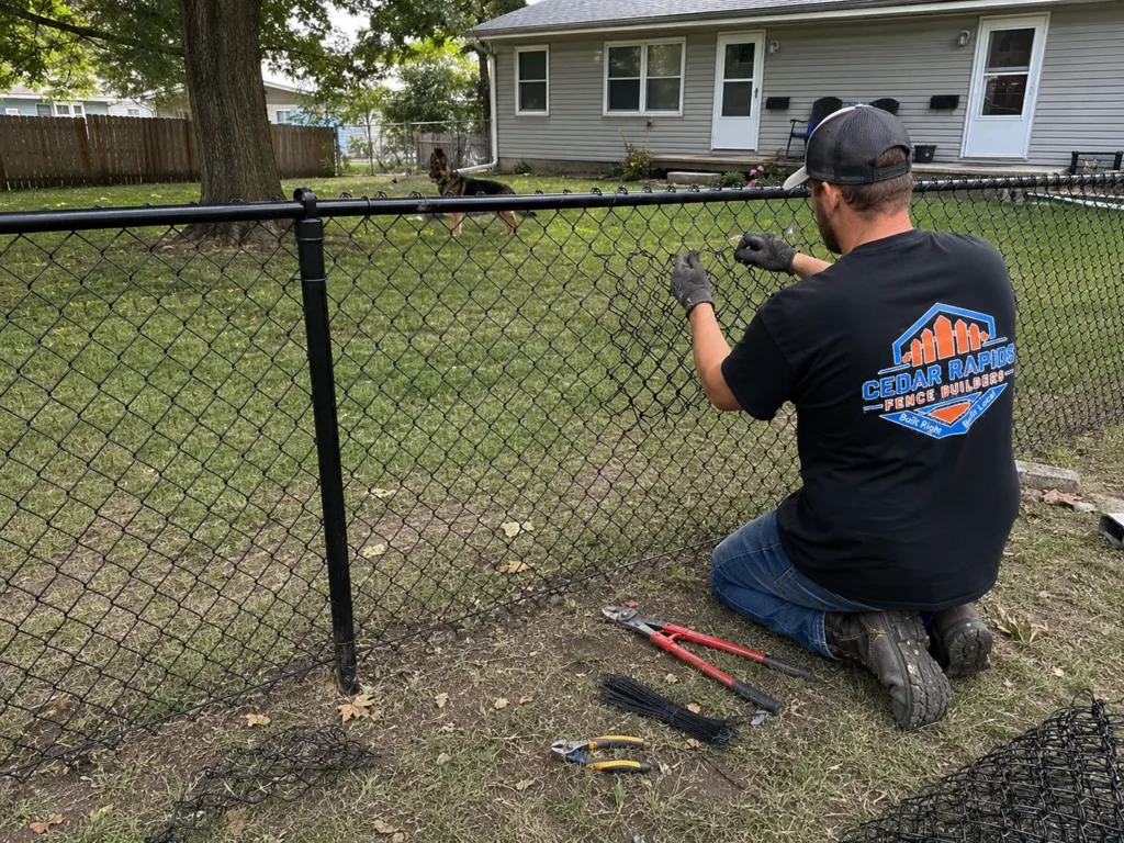 Robins, Iowa fence project showing black chain link fence repair