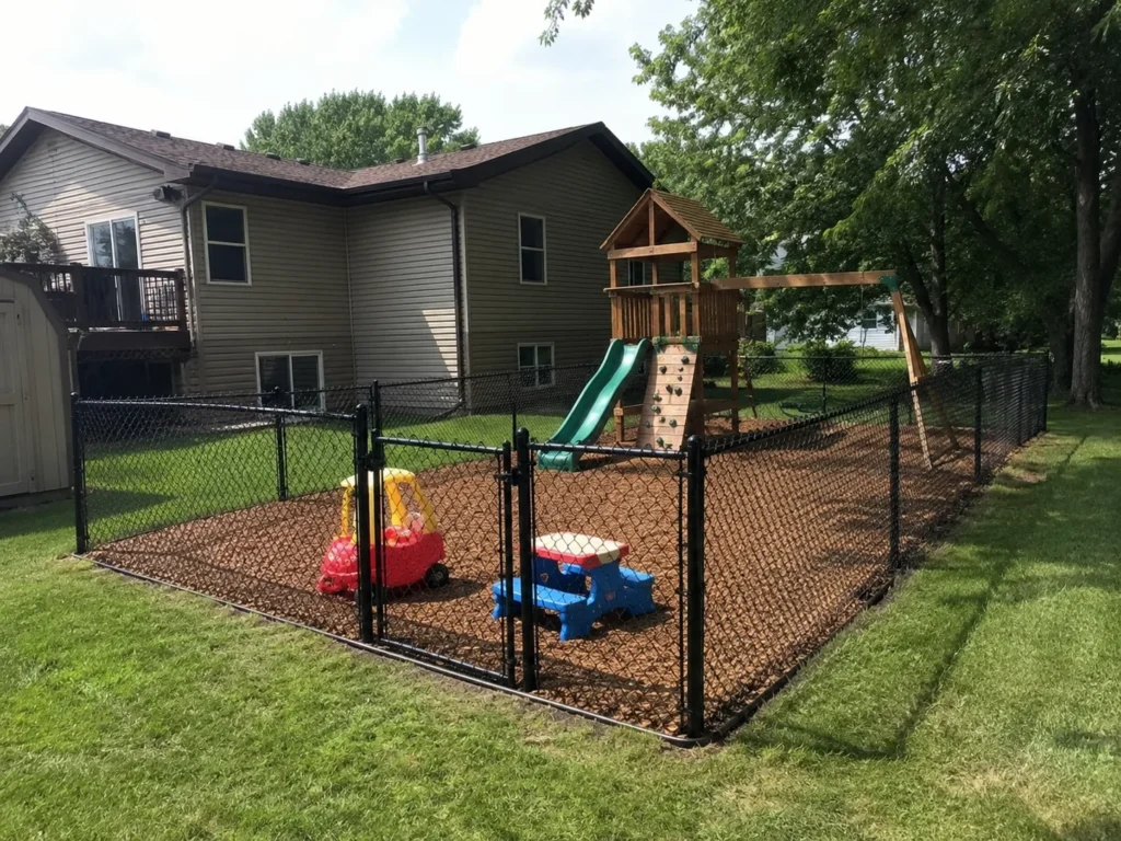 black chain link playground enclosure shown at a property in Ely, Iowa