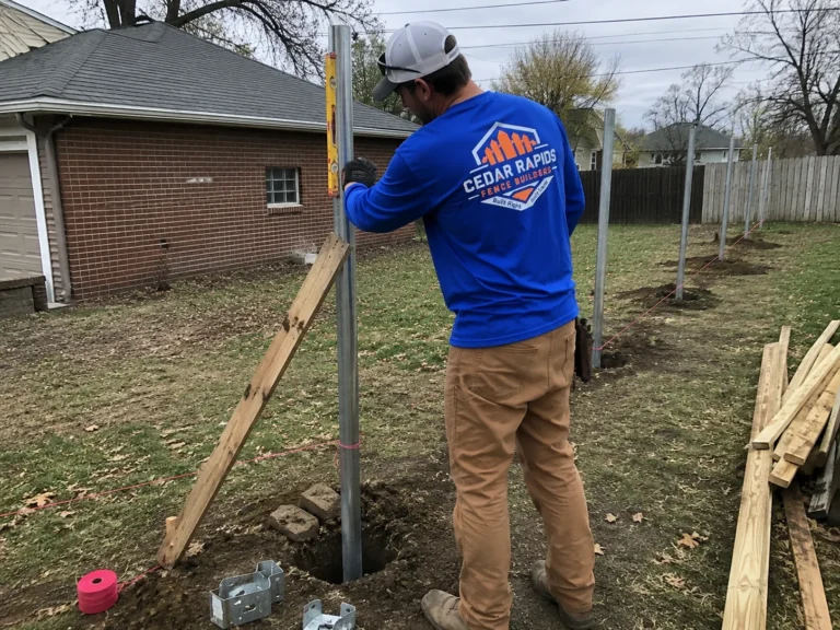 Cedar Rapids, Iowa fence project showing black metal fence post installation