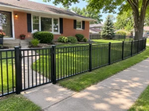 Close view of black ornamental aluminum front yard fence and gate in Cedar Rapids, Iowa