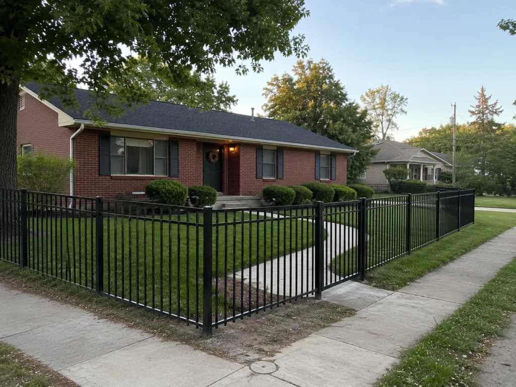 Detailed view of black ornamental aluminum front yard fence corner in Cedar Rapids, Iowa