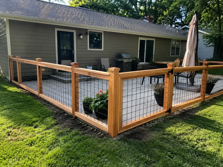 cedar framed welded wire patio enclosure shown at a property in Cedar Rapids, Iowa