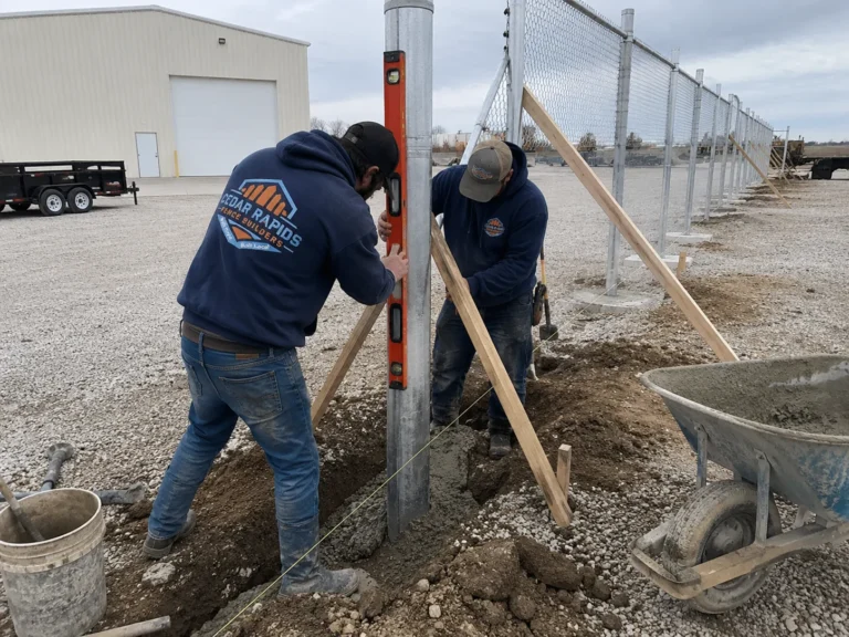 Detailed view of chain link fence post installation in concrete in Cedar Rapids, Iowa