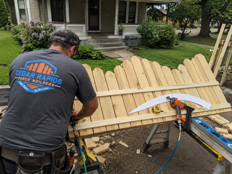 Residential custom wood picket gate construction photographed in Cedar Rapids, Iowa
