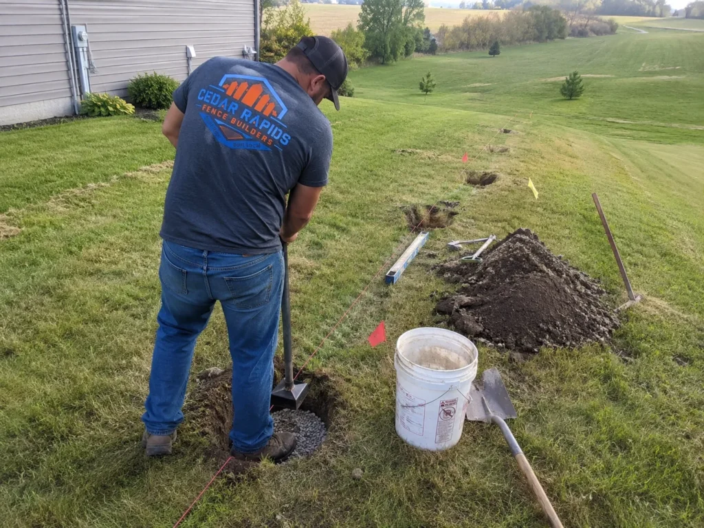 Cedar Rapids, Iowa view of farm fence post installation in an open yard