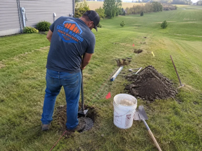 Cedar Rapids, Iowa view of farm fence post installation in an open yard