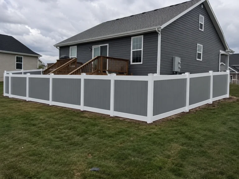 Cedar Rapids, Iowa fence project showing gray and white vinyl privacy fence
