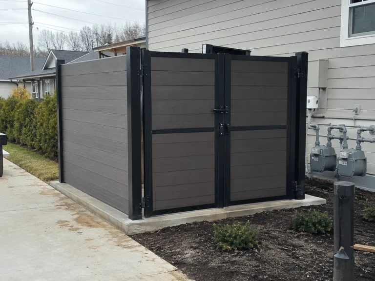 gray composite privacy enclosure with double gate at an Eastern Iowa property in Center Point