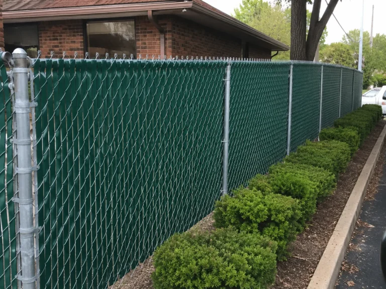 Close view of green chain link privacy fence with screening in Cedar Rapids, Iowa