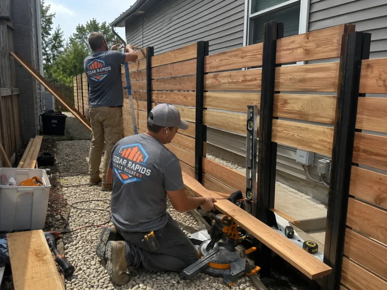 Cedar Rapids, Iowa fence project showing horizontal cedar fence with black steel posts