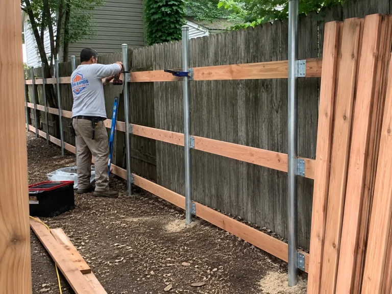 Close view of horizontal cedar privacy fence construction with black posts in Mount Vernon, Iowa