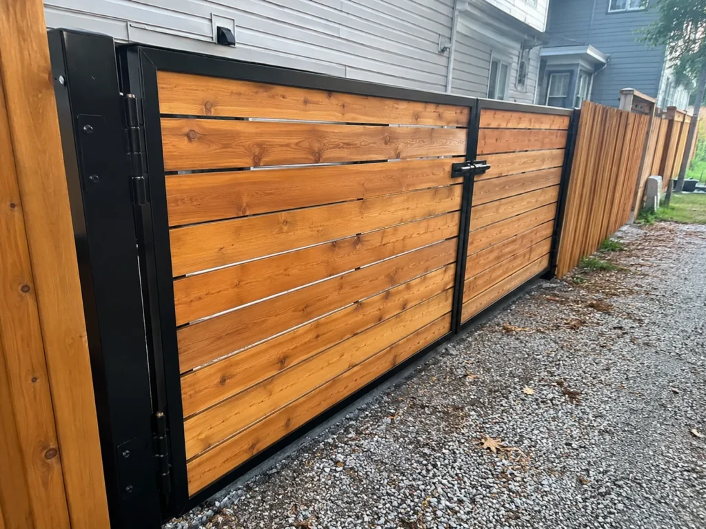 Close view of horizontal cedar privacy gate with black steel frame in Ely, Iowa