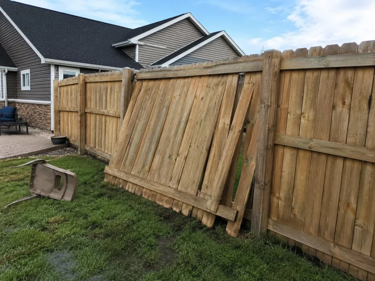 leaning weathered wood privacy fence panels in Robins, Iowa
