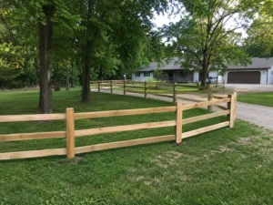 Close view of new natural split rail fence in Cedar Rapids, Iowa