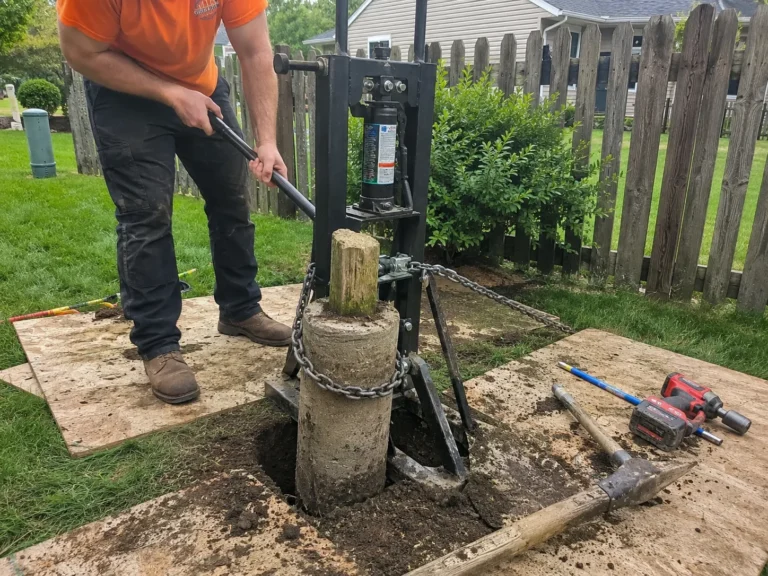 old concrete fence post removal shown at a property in Cedar Rapids, Iowa