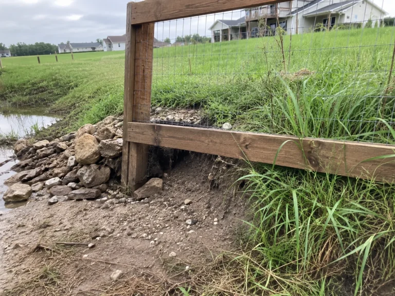 Detailed view of timber framed wire fence beside a drainage ditch in Cedar Rapids, Iowa