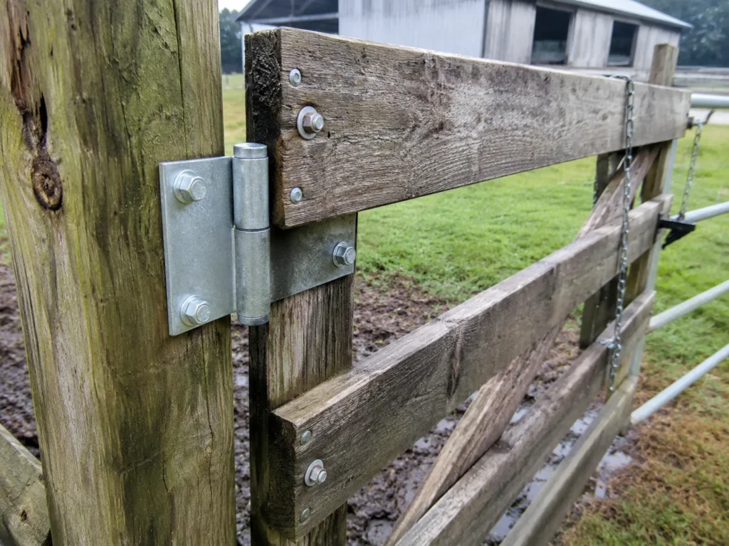 Fairfax, Iowa view of weathered wood farm gate hinge repair