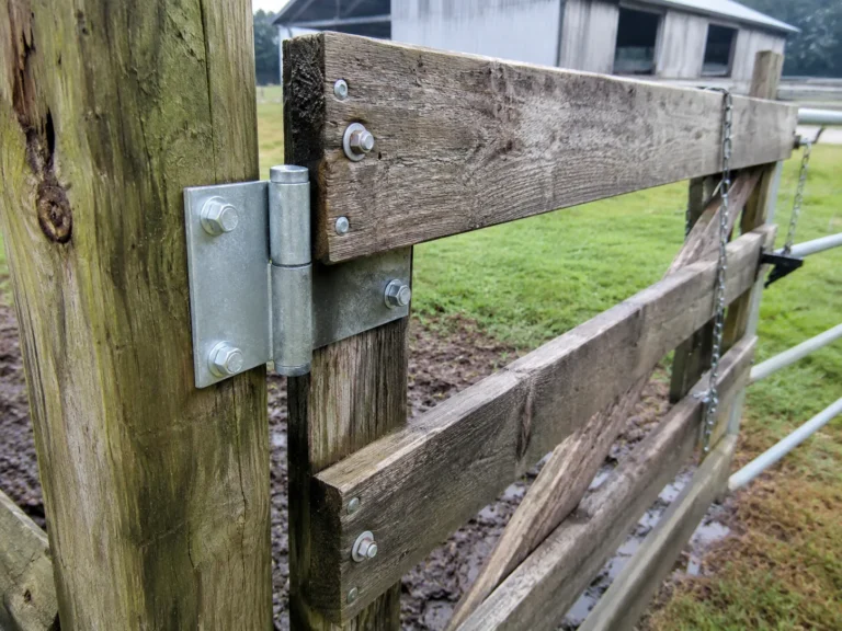 Fairfax, Iowa view of weathered wood farm gate hinge repair