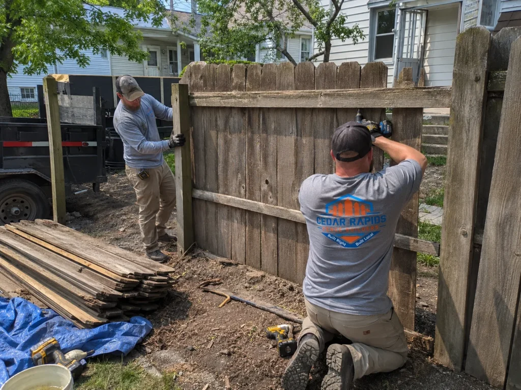 Detailed view of weathered wood privacy fence repair in Mount Vernon, Iowa