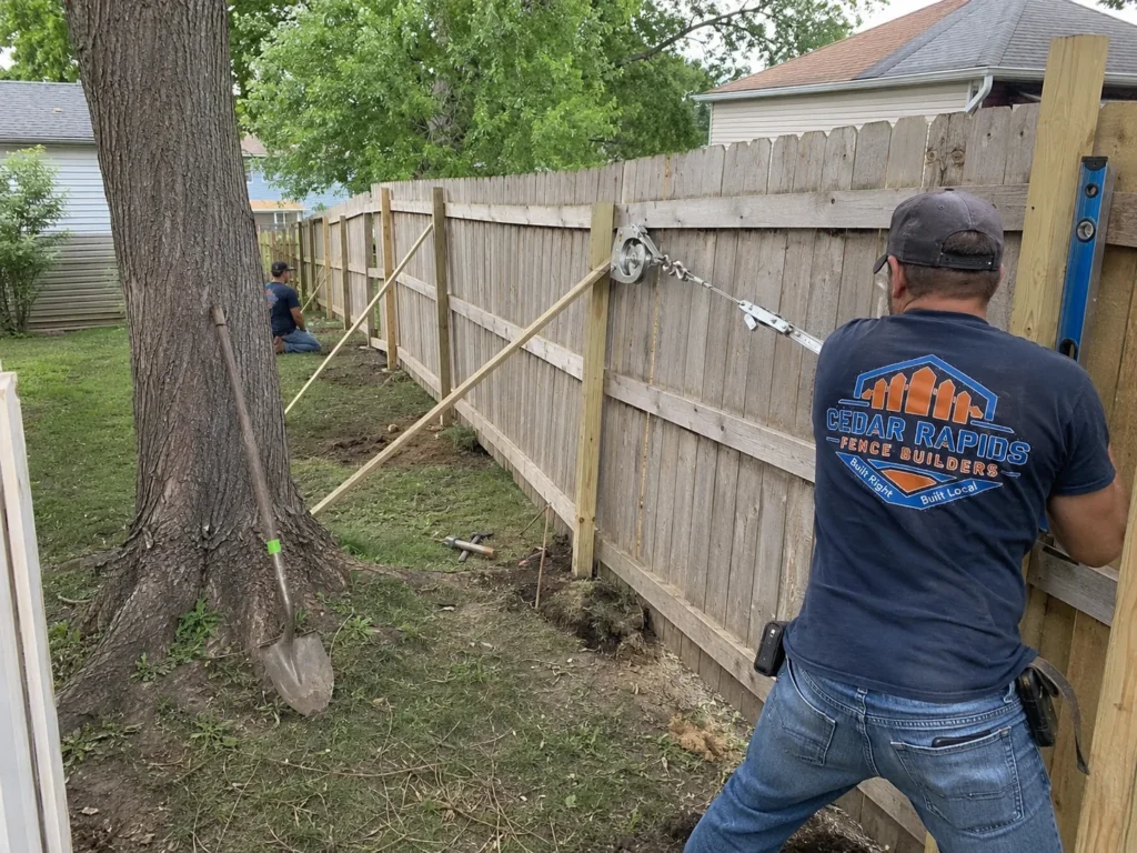 Residential weathered wood privacy gate repair photographed in Cedar Rapids, Iowa