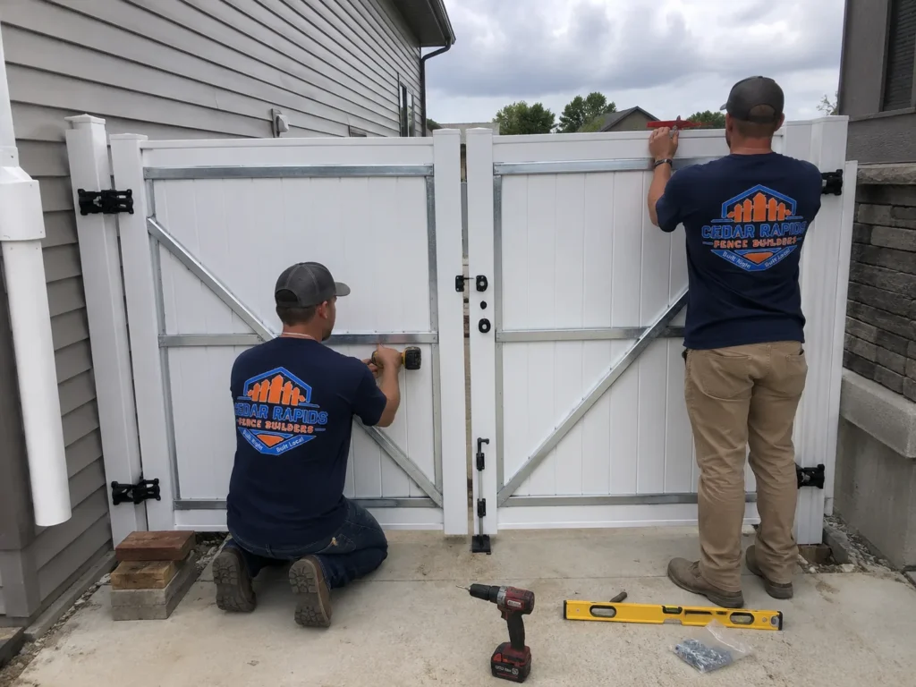 Residential white vinyl double gate hardware installation photographed in Cedar Rapids, Iowa