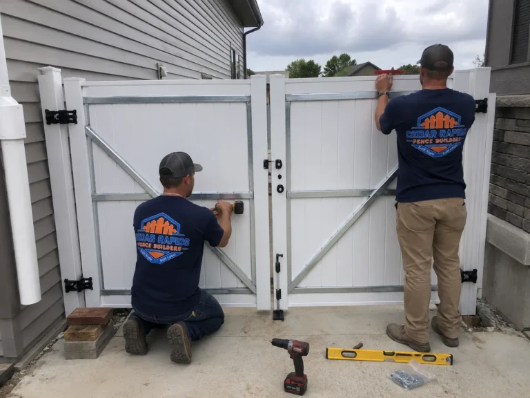 Residential white vinyl double gate hardware installation photographed in Cedar Rapids, Iowa