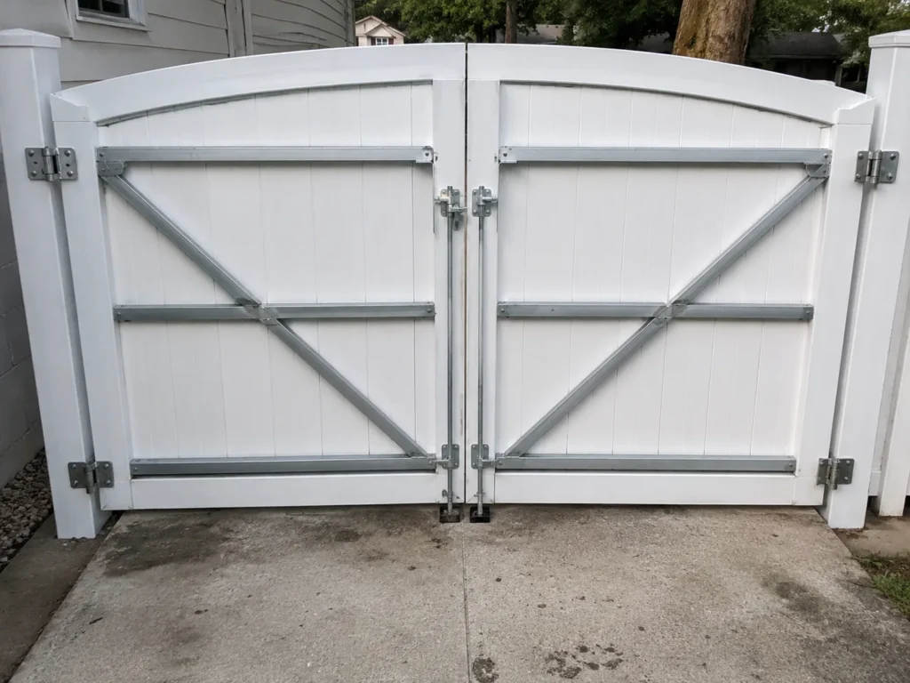 Cedar Rapids, Iowa view of white vinyl double privacy gate