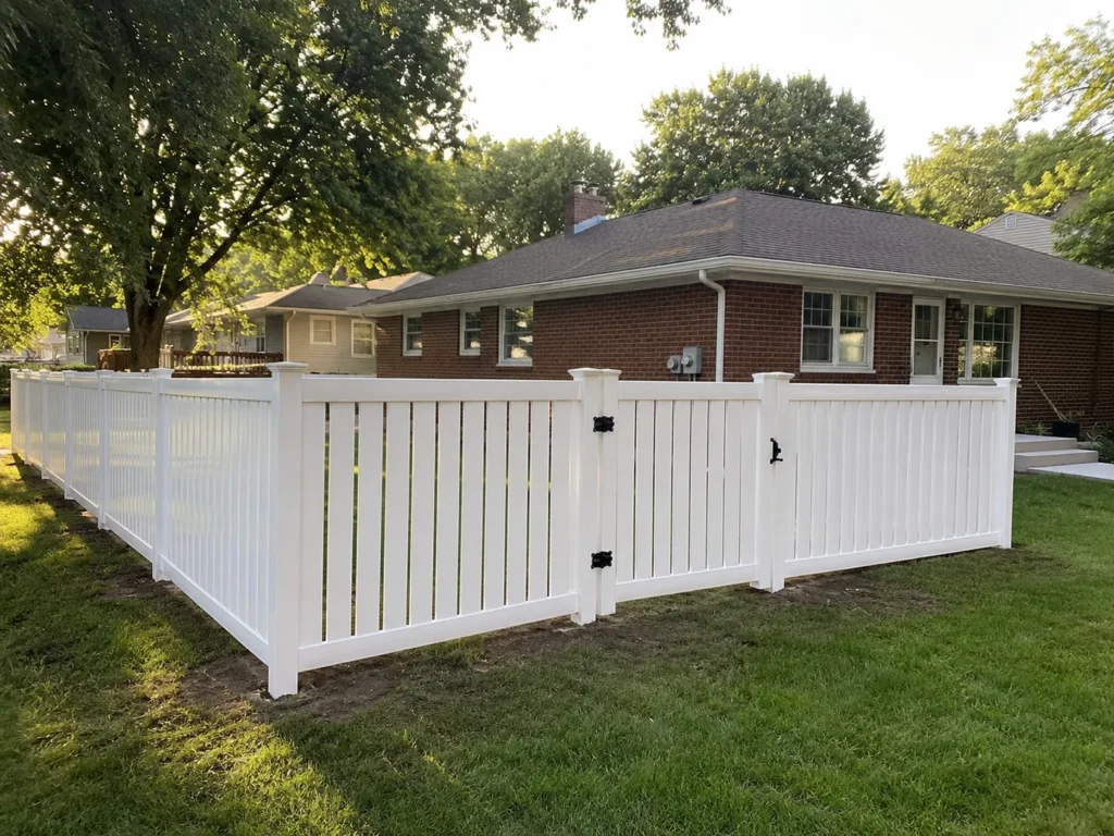 Detailed view of white vinyl picket fence enclosure in Marion, Iowa