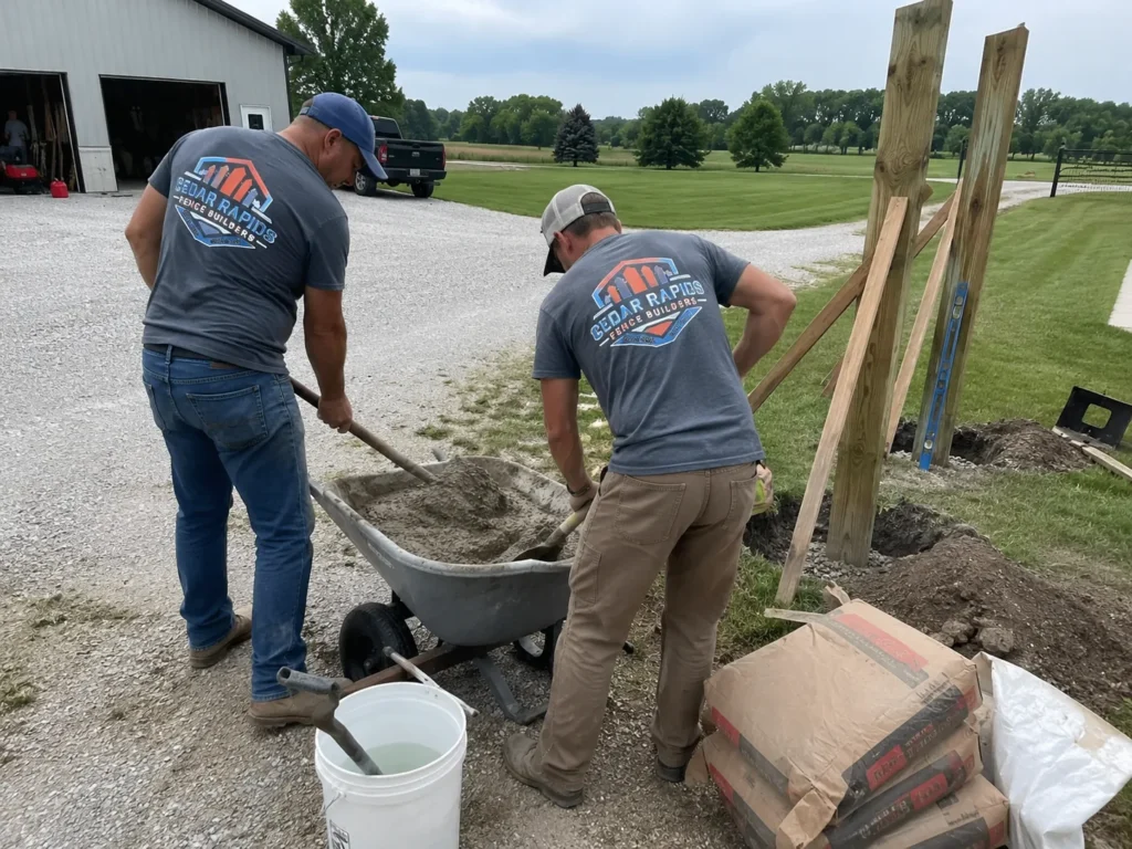 wood fence post setting in concrete in Cedar Rapids, Iowa