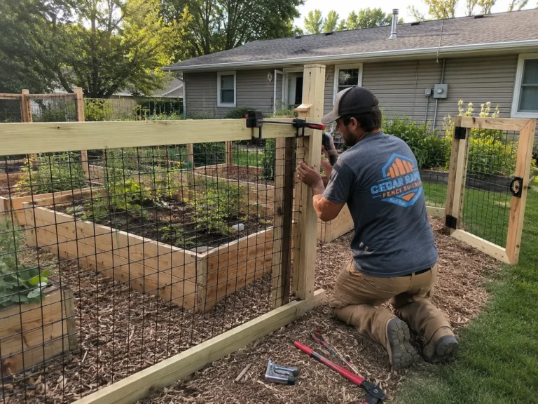 wood framed wire garden fence installation in Cedar Rapids, Iowa