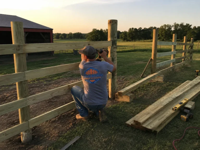 Residential wood rail farm fence installation photographed in Cedar Rapids, Iowa