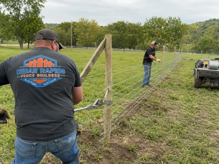 Close view of woven wire farm fence post installation in Cedar Rapids, Iowa